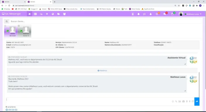 Painel da plataforma multicanal ASC simulando uma interação entre o atendente e o cliente.